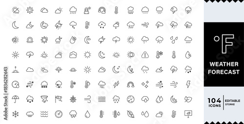 Pixel Perfect,Weather Forecast line editable icon set. sun, rain, snow, cloud, humidity, cloudy, rainy season,Weather , clouds, sunny day, moon, snowflakes, wind, sun day. Vector illustration
