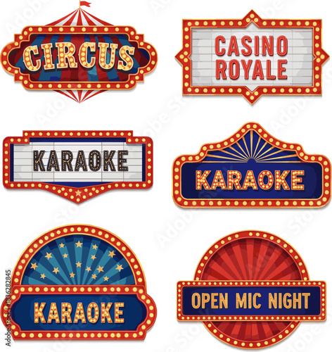 Isolated a Realistic marquee sign box set light board in retro vintage style for circus, casino, karaoke bar, open mic. Red neon cinema marquuee frame with glow gold lights. vector art .