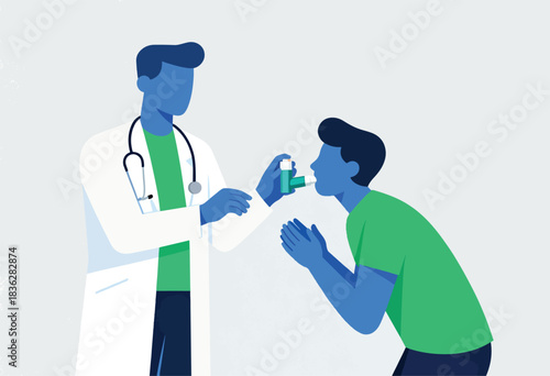 A doctor in a white coat with a stethoscope assists a patient using an inhaler. The patient is inhaling
