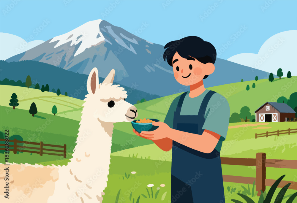 Naklejka premium A cartoon illustration of a man feeding a llama in a lush green landscape with a barn and mountain