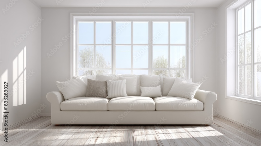 Fototapeta premium A white, minimalist living room with a large window, a white sofa, and a wooden floor.