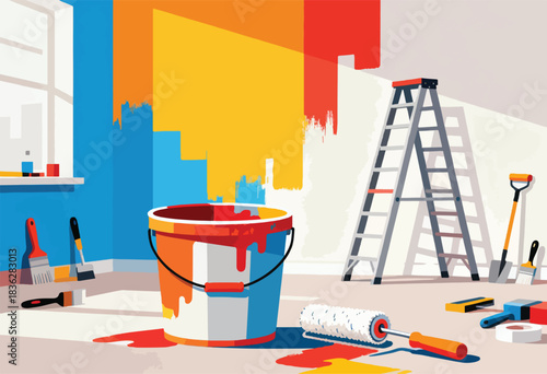 Colorful illustration depicts paint job in progress bucket, brushes, roller, and ladder. Walls are partially painted
