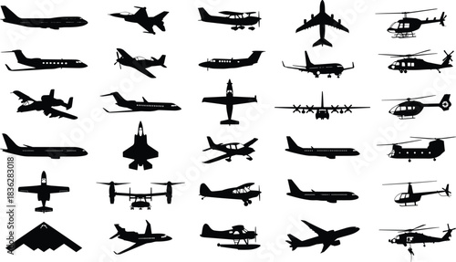 Collection of Diverse Aircraft and Helicopter Silhouettes, Featuring Military Jets, Commercial Airplanes, Private Planes, Transport Aircraft, and 