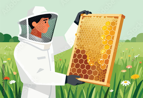 A beekeeper in protective gear holds a honeycomb frame, showcasing dripping honey amidst a field of wildflowers