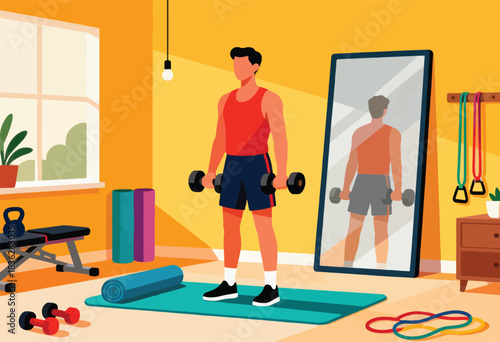 A person in a home gym lifts weights in front of a mirror. Exercise equipment surrounds them in a colorful setting