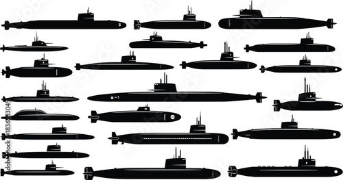 Collection of submarine silhouette illustrations showing various underwater naval vessels, military submarines, marine technology designs and ocean defense ships in detailed black vector graphics