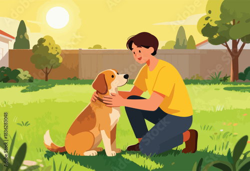 A person pets a dog on a sunny day in a backyard. The dog is brown and white. The background is a golden hue