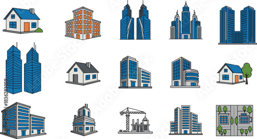 Collection of modern building and real estate icons featuring houses, skyscrapers, construction elements, city architecture, urban development, commercial structures, residential properties 