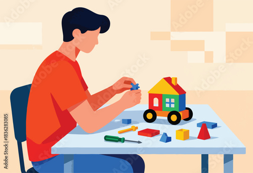Illustration of a person assembling a toy house on a table with colorful blocks and tools