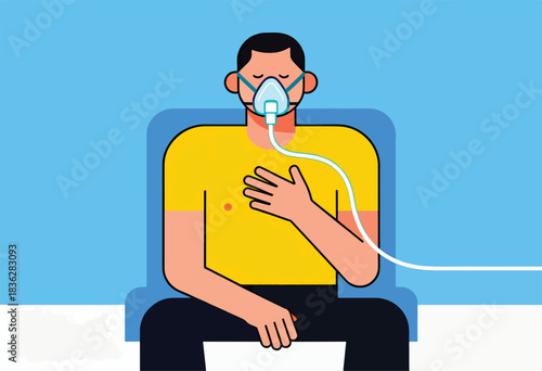 A person with a medical oxygen mask, seated. Abstract style, bright colors. Hand on chest, white tube