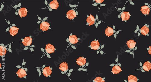 Elegant and seamless floral pattern of scattered beautiful orange roses with green leaves on a contrasting dark background.