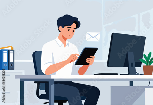A man in a white shirt and navy pants works on a tablet at his desk in an office setting