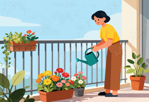 A person waters flowers on a balcony with a view of a city. Colorful flowers in pots, sunny day