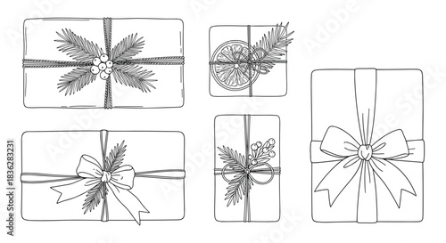 Set of five hand-drawn Christmas gift boxes decorated with ribbons, bows, and natural elements like pine branches and berries.