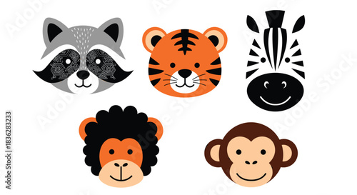 Adorable collection of five cute cartoon jungle and woodland animal faces including a tiger, zebra, lion, monkey, and raccoon.