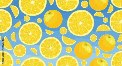 Refreshing seamless pattern of bright yellow whole lemons and juicy slices scattered against a vibrant blue sky background.