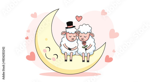 Adorable illustration of a cute sheep couple in love, sitting on a smiling crescent moon surrounded by pink floating hearts.