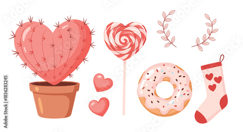 Sweet Valentine's Day collection featuring a heart-shaped cactus, a lollipop, a donut, a sock, and other cute pink elements.