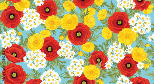 Colorful seamless floral pattern of vibrant red poppies, yellow buttercups, and white chamomile flowers on a light blue background.