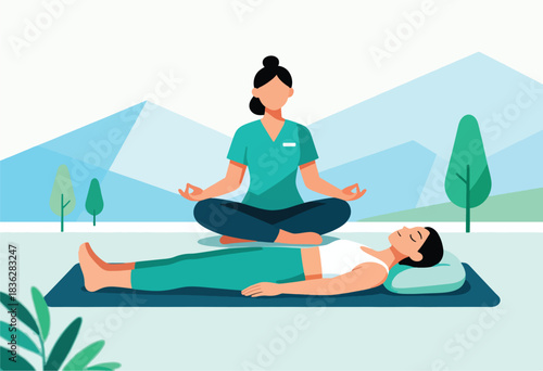 Illustration of a woman in meditation pose near someone lying down. Trees and mountains are in the background