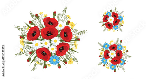 Set of three round summer wildflower bouquets with red poppies, white daisies, blue cornflowers, and various green herbs.