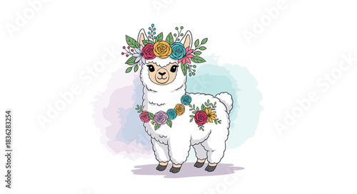 Adorable cartoon llama wearing a beautiful, colorful flower crown and wreath against a soft watercolor splash background.