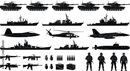 Military silhouette collection featuring tanks, warships, fighter jets, helicopters, submarines, weapons, ammunition, and soldier figures for defense graphics, tactical design, 