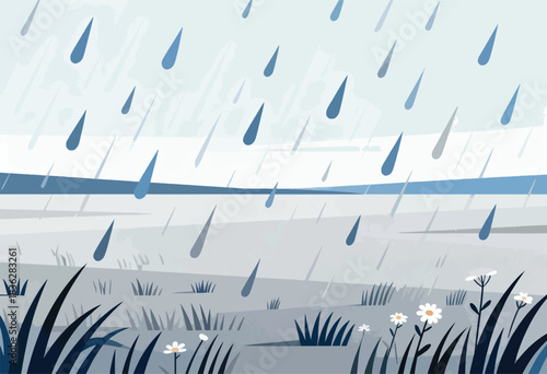 Abstract illustration depicts a rainy landscape with stylized grass, daisies, and rain falling from a light sky