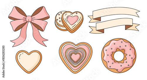 Cute Valentine's Day collection of sweets and decorations including heart-shaped cookies, a pink donut, a bow, and ribbons.