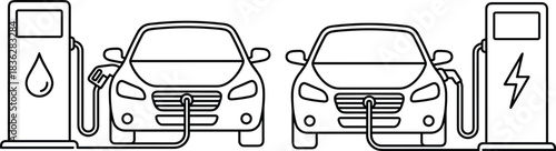 Modern fuel car and electric vehicle charging side by side at gas pump and EV station illustrating transition from traditional energy to clean transportation systems, efficiency