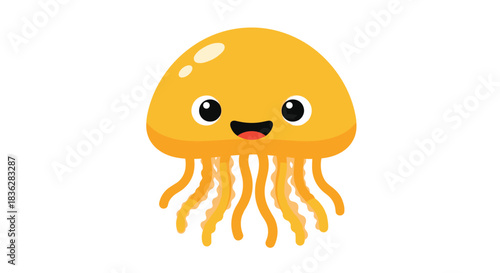 A bright yellow and cheerful cartoon jellyfish with a cute smiling face, rendered in a simple and adorable flat vector design.