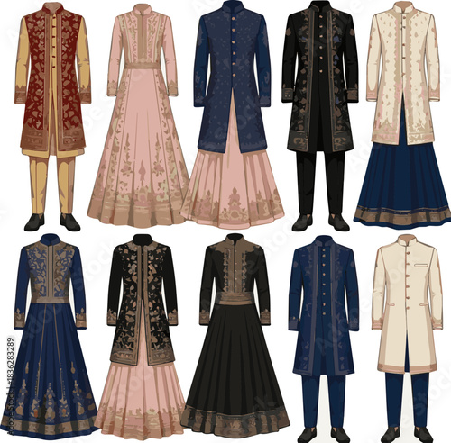 Isolated a various designs of wedding Sherwani vector art with a white background .