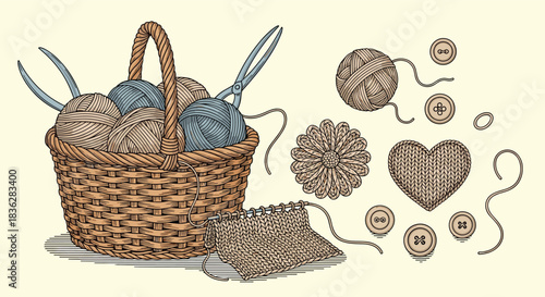 Vintage, hand-drawn illustration of knitting and crochet supplies, including a basket of yarn, scissors, and a knitted heart.