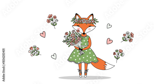 An adorable hand-drawn ballerina fox in a green dress and flower crown, holding a bouquet of flowers surrounded by floating hearts.
