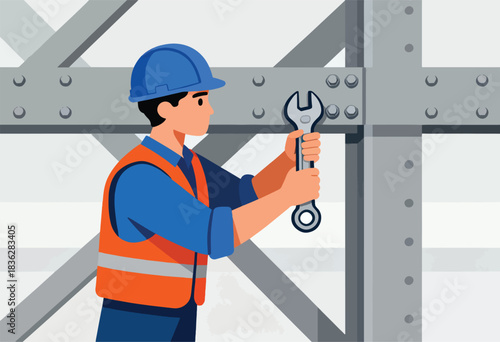 A construction worker in a hard hat and vest uses a wrench on a steel structure, showing repair