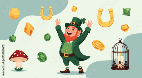 Cheerful St. Patrick's Day scene with a happy leprechaun surrounded by lucky charms like horseshoes, gold coins, and gems.