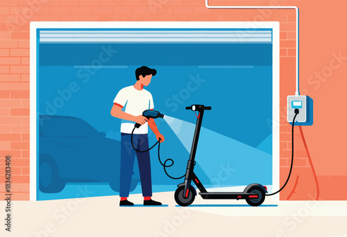 A man uses a pressure washer on an electric scooter in a garage, next to a charging station