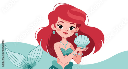 Beautiful cartoon mermaid with long, flowing red hair and a green tail, smiling sweetly while holding a seashell.