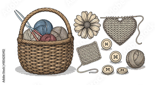 A charming, vintage-style hand-drawn collection of knitting supplies featuring a basket of yarn, a knitted heart, and buttons.