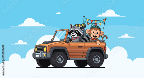 A cute raccoon and monkey duo enjoy a fun road trip adventure in an off-road vehicle under a bright blue cloudy sky.