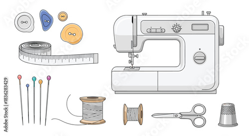 Collection of essential sewing and tailoring supplies illustrated in a clean line art style with subtle color accents.