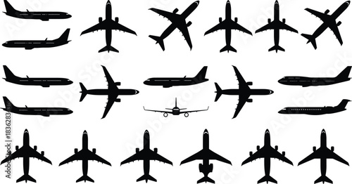 Silhouette collection of commercial airplanes in various angles, black aircraft icons set for aviation design, transportation graphics, flight industry illustrations, isolated airplane