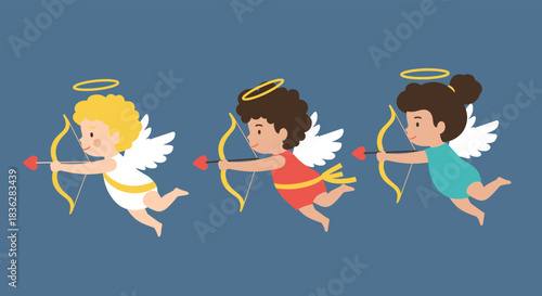 A charming group of three cute cartoon cupids flying together, each with a halo and aiming a bow with a heart-tipped arrow.
