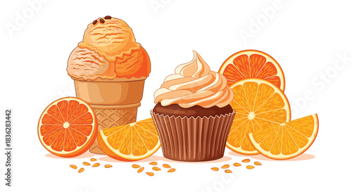 Delicious dessert composition with a scoop of orange ice cream in a cone and a chocolate cupcake with orange frosting and fruit slices.