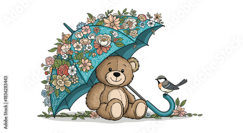 An adorable teddy bear sits with a little bird under a beautiful umbrella made of colorful flowers, leaves, and succulents.