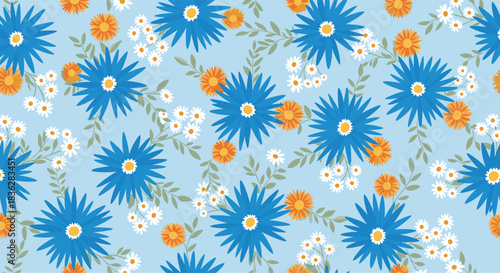 Cheerful seamless floral pattern with large blue cornflowers, orange calendulas, and small daisies on a light blue background.