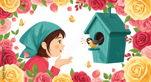 Charming illustration of a young girl watching a bird build its nest in a birdhouse, framed by beautiful pink and yellow roses.