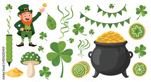 Fun St. Patrick's Day design set featuring a leprechaun tossing a coin, a pot of gold, shamrocks, and other lucky symbols.