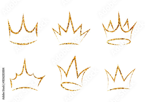 Line sketches of king crown. Queen royal diadem. Gold royal luxury symbol. Doodle set crown line art. 