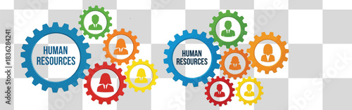 Human resources concept with colorful gears representing teamwork and employee management systems